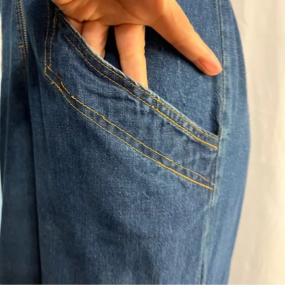 1970s Denim Jumpsuit Collared With Pockets Wide Leg Stretch Waist No Size C Pics - Picture 7 of 16